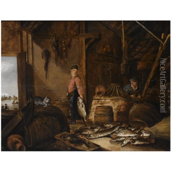 A Fisherman In His Barn With Fresh-water Fish, A Woman In The Background, A Cat Playing With A Fish On A Barrel In The Foreground Oil Painting - Pieter de Putter
