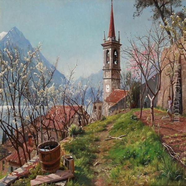 Spring In Varenna In Italy With A Woman Watering A Flower Bed Oil Painting - Peder Mork Monsted