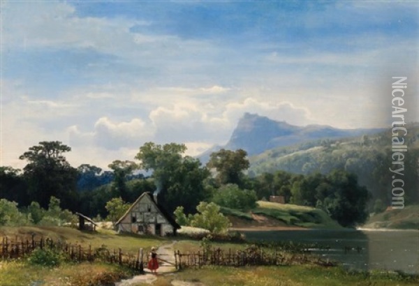 A House In A Norwegian Landscape Oil Painting - Sophus Jacobsen