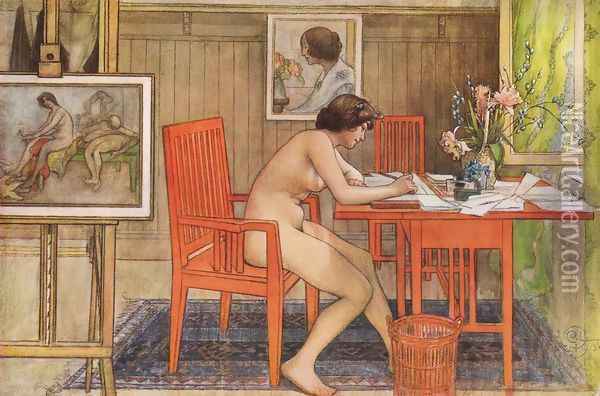 Model Writing Postcards Oil Painting - Carl Larsson