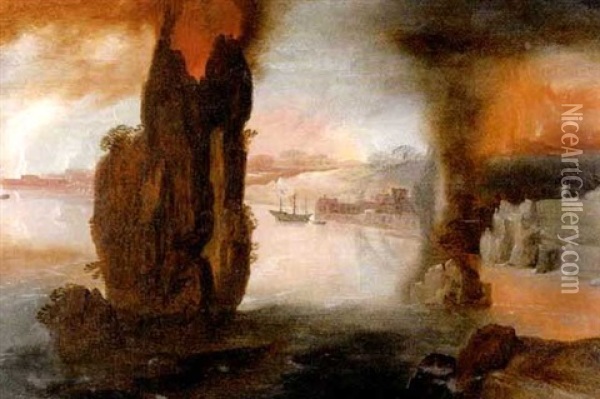 Flusslandschaft Mit Felsen - Im Hintergrund Eine Feuersbrunst Oil Painting - Gillis Mostaert the Elder
