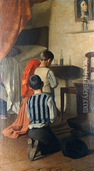 Children At Prayer. Oil Painting - Francesco Ghittoni