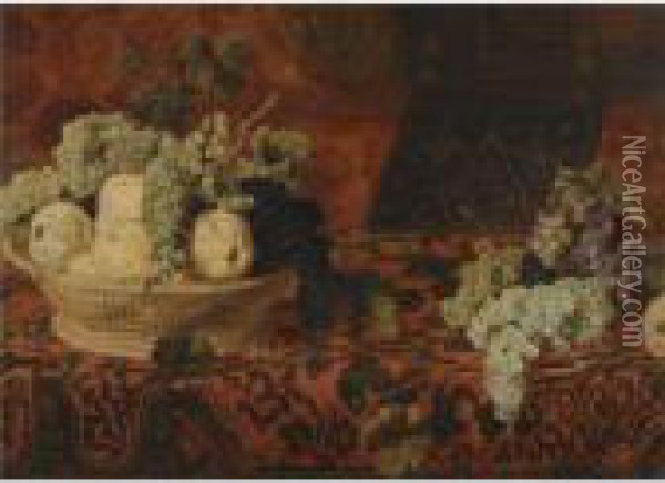 A Still Life With A Basket Of Grapes And Pears On An Ornatecarpet Oil Painting - Frans Snyders
