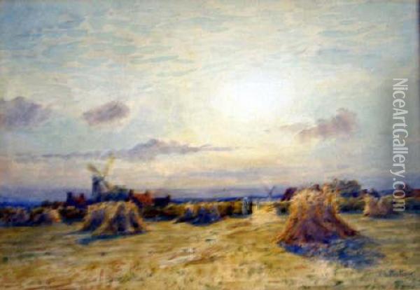 Cornfield With Windmills Beyond Signed 7 X 1in Oil Painting - Patrick Lewis Forbes
