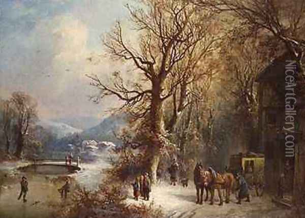 Coach and Horses in a Snowy Landscape Oil Painting - Guido Hampe