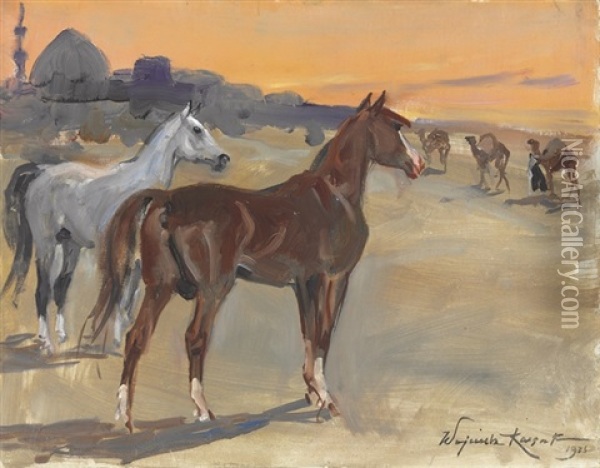 Arabian Horses At Rest Oil Painting - Woiciech (Aldabert) Ritter von Kossak