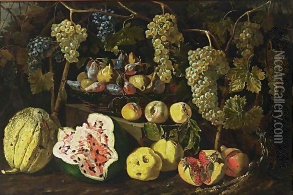 A Still Life With A Watermelon, A Melon, Pomegranates, Peaches, And Grapes Together With Figs And Plums In A Basket On A Stone Ledge Oil Painting - Giovanni Battista Ruoppolo