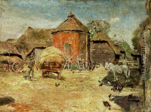 Sundrenched Barnyard Scene With A Figure By A Cart, Mule And Chickens Oil Painting - Alexander Roche