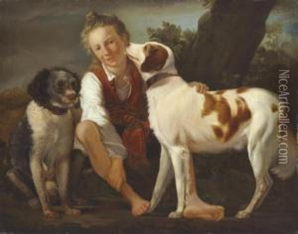 A Boy With Two Dogs, In A Landscape Oil Painting - Martin Ferdinand Quadal