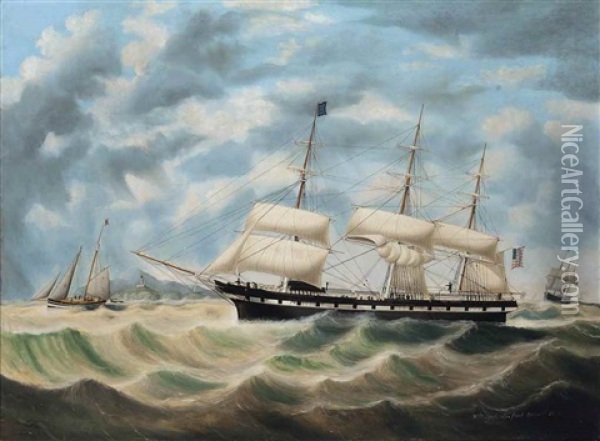 The American Barque Sea Flower Bound For Liverpool, Signalling For A Pilot Off The Skerries Oil Painting - William Gay Yorke