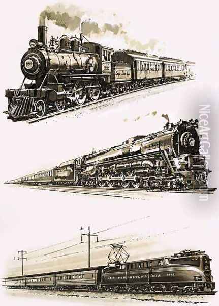 Montage of US trains Oil Painting - John S. Smith