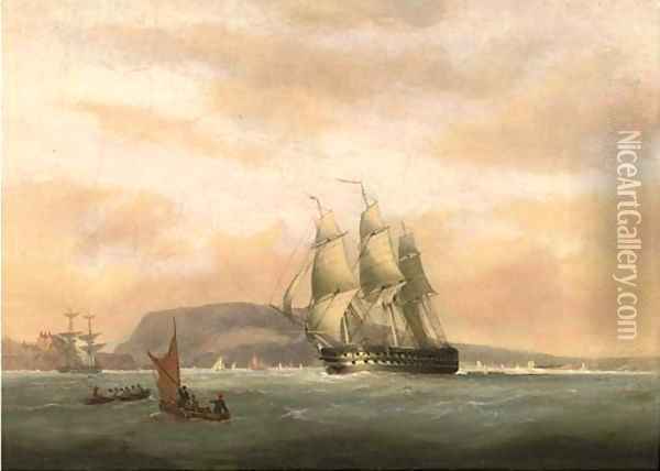 A 74-gun heeling in the breeze in Plymouth Sound Oil Painting - Nicholas Condy