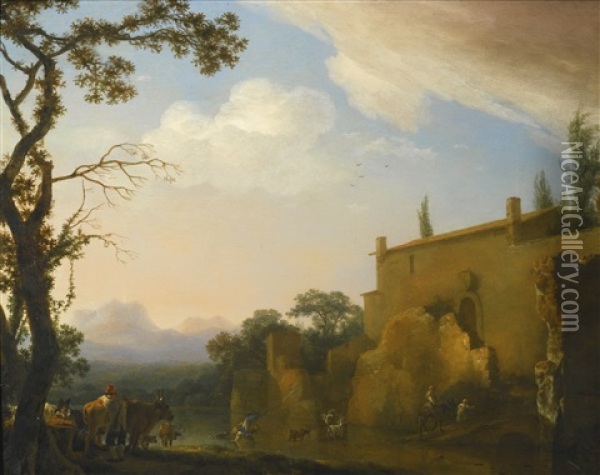 An Italianate Landscape With Peasants And Animals Fording A River Oil Painting - Jan Asselijn