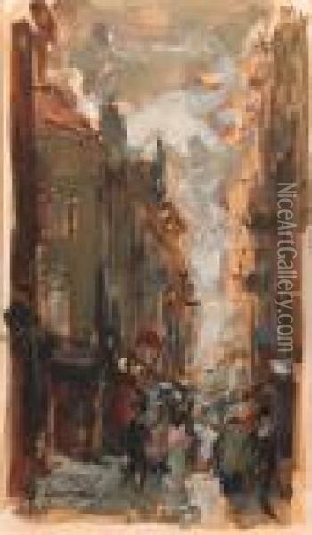 A Crowded Street, The Hague Oil Painting - Floris Arntzenius