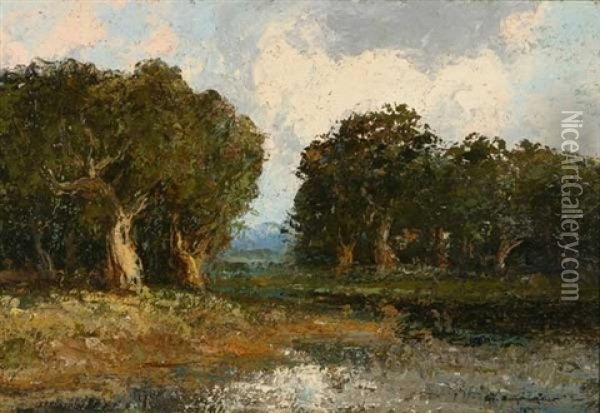 Oaks In A River Landscape Oil Painting - Ralph Davison Miller