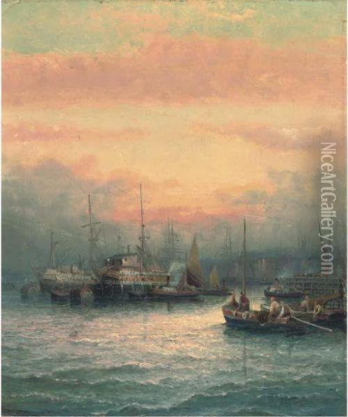 Hulks On The Medway At Dusk Oil Painting - William A. Thornley Or Thornber