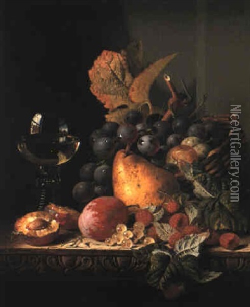 Fruit Still Life With Glass On Wooden Ledge Oil Painting - Edward Ladell