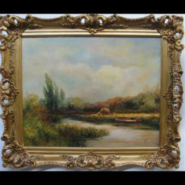 Haymakers Across River Oil Painting - William Stanley