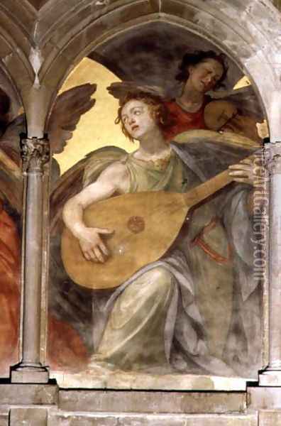 Musical angel within a trompe l'oeil cloister, detail of an angel playing a mandolin, from the interior west facade Oil Painting - Santi Di Tito
