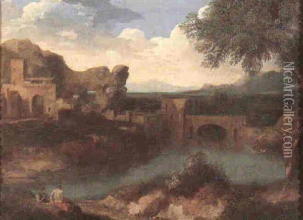 An Italianate Landscape With Figures Resting Beside A River, Roman Ruins, A Bridge, Coastline And Mountains Oil Painting - Gaspard Dughet