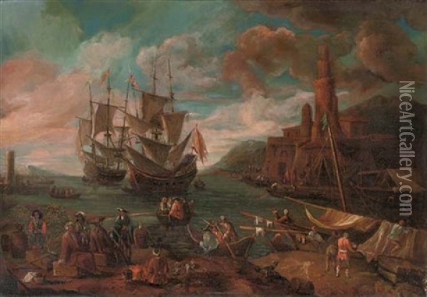 A Mediterranian Coastal Scene With Figures Disembarking From A Ship And A Town Beyond Oil Painting - Adrien Manglard