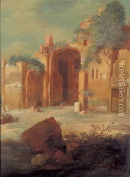 Wanderer In Einem Antiken Ruinenbau Oil Painting - Bartholomeus Breenbergh
