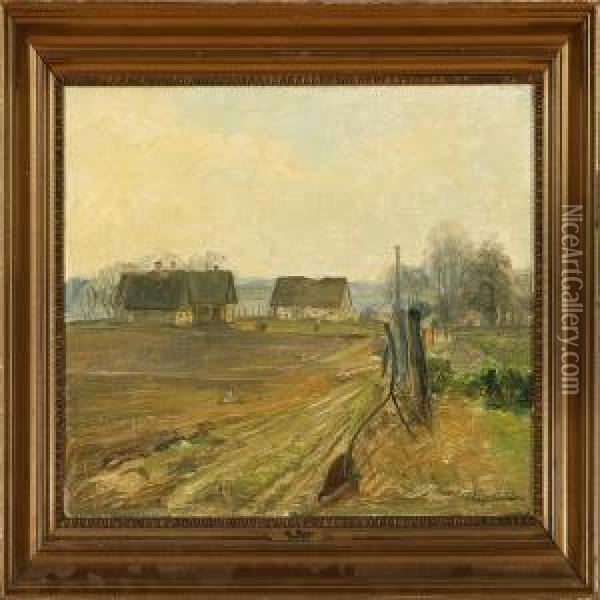 Mark Landscape Withtwo Farms Oil Painting - Aage Bertelsen