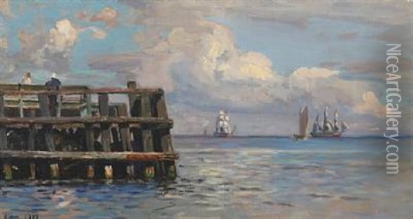 Sailing Ships By The Pier Of Dragor Oil Painting - Christian Ferdinand Andreas Molsted