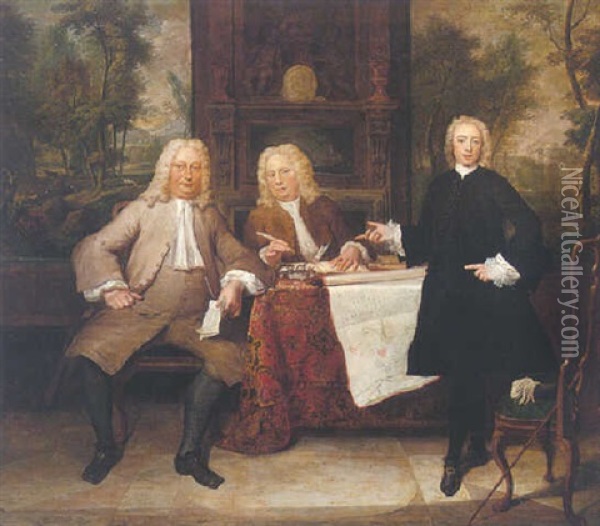 An Elegant Interior With A Portrait Of Two Gentlemen And A Clerk, A Wooded Landscape Visible Beyond Oil Painting - Jan Maurits Quinkhardt