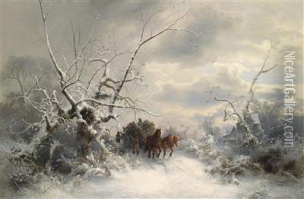 Horses And Cart Returning Home In A Winter Landscape Oil Painting - Ludwig Munthe