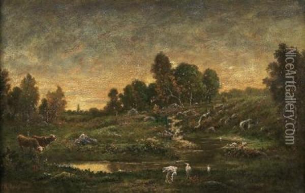 La Mare Aux Herons Oil Painting - Theodore Rousseau