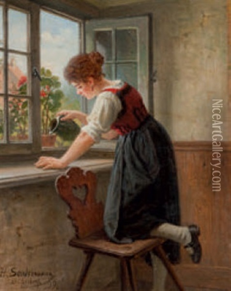 Junge Frau In Tracht Beim Blumen Giessen Oil Painting - Hermann Sondermann