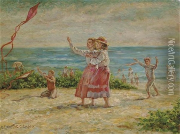 Children Flying Kites At The Seashore Oil Painting - Colin Campbell Cooper