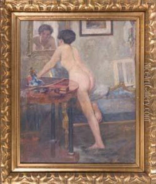 Interieur Mit Weiblichem Ruckenakt Vor Spiegel Oil Painting - Carl Horn