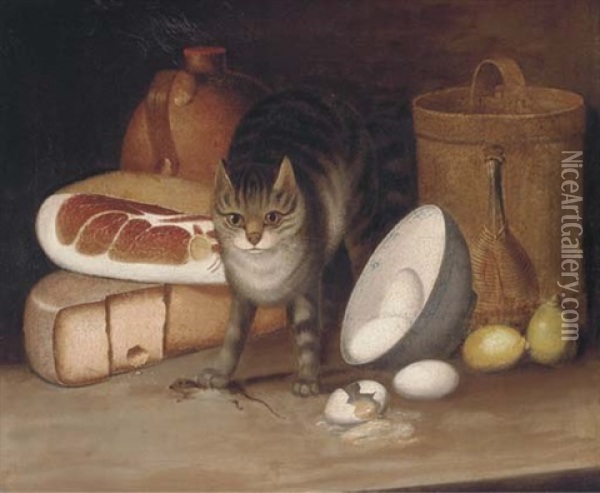 Ham, Cheese, Eggs, Lemons And A Cat With A Captured Mouse Oil Painting - George Smith of Chichester