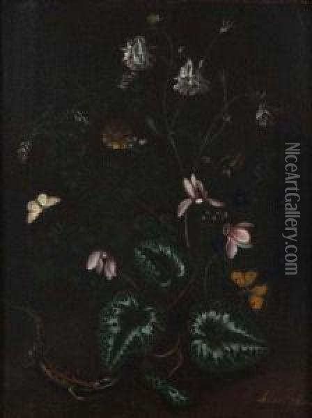 Ancolies, Papillons Et Salamandre Oil Painting - Alida Withoos