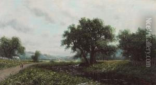 Summer Stream With Figures Walking Nearby, Thought To Be Sacramento Valley Oil Painting - Ramsome Gillet Holdredge