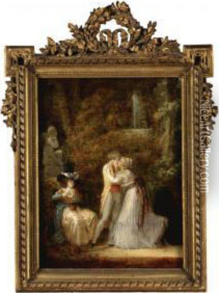 An Elegant Couple Dancing In A Park Beside A Seated Woman Oil Painting - Jean-Baptiste Mallet