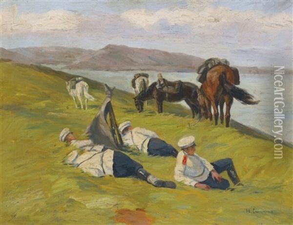 Resting Dragoons, The Russo-japanese War Oil Painting - Nikolai Semenovich Samokish