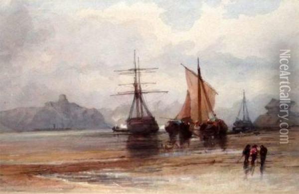 Coastal View With Fisherfolk By Boats Oil Painting - John Callow