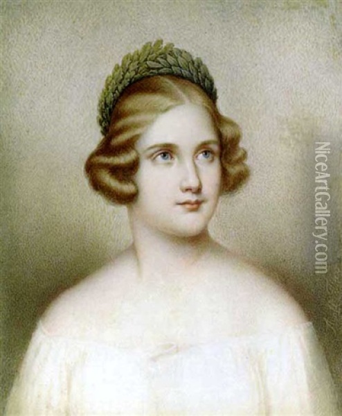 Jenny Lind, In White Dress, Crown Of Laurels In Her Curled Light Brown Hair Oil Painting - Adolf Theer