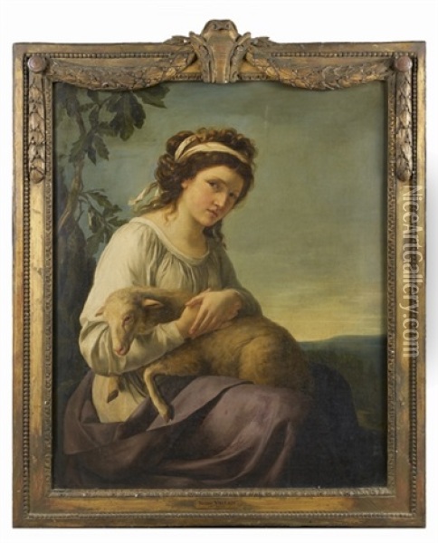 Portrait De Jeune Femme Tenant Un Mouton Dans Ses Bras Oil Painting - Nanine Vallain