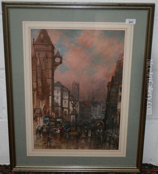 Temple Bar And The Law Courts London Oil Painting - Bartram, Fred. John Hiles