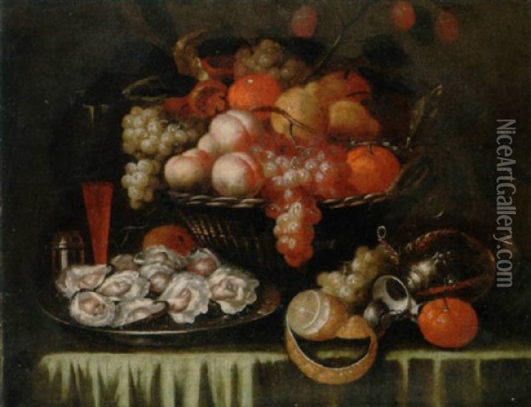 Peaches, Grapes, Pears And Oranges In A Wicker Basket With A Salver Of Oysters, A Peeled Lemon, A Silver Gilt Ewer And A Wine Glass Oil Painting - Andreas van der Myn
