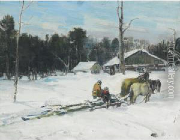 Logging Team, Winter Oil Painting - Peleg Franklin Brownell