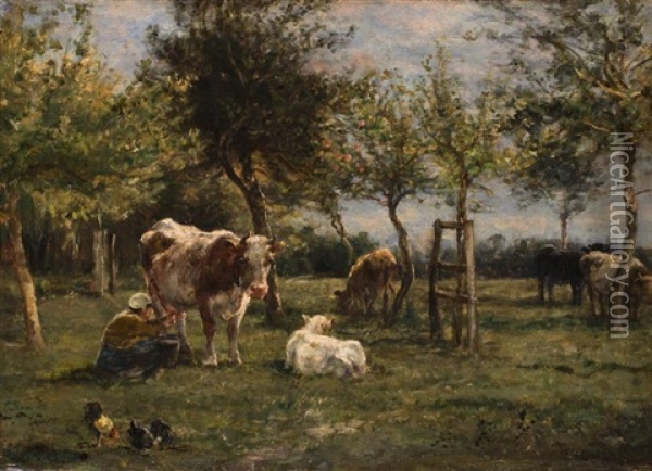 Melkerin Und Kuhe Unter Obstbaumen Oil Painting - Willem Carel Nakken