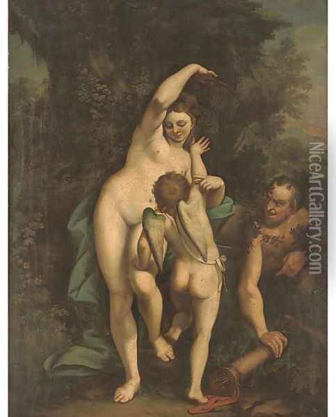 Venus and Cupid with a satyr Oil Painting - Luca Cambiaso