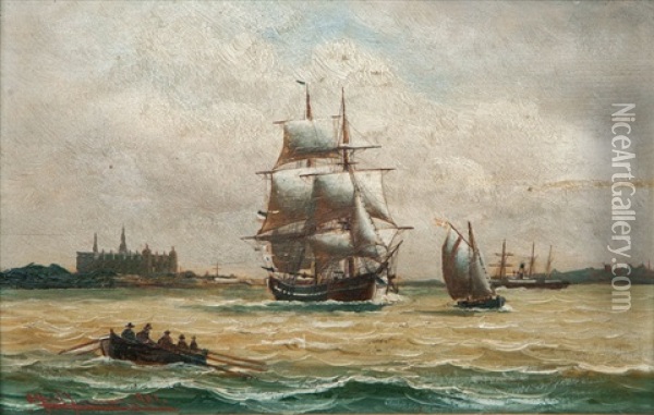 Ships Off Kronborg Castle Oil Painting - Alfred Serenius Jensen