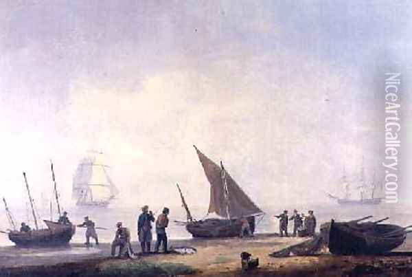 Fisherfolk on a Beach with Vessels Offshore 1825 Oil Painting - Thomas Luny