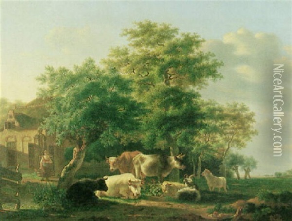 Ruhende Herde Bei Einem Bauernhof Oil Painting - Gillis Smak Gregoor